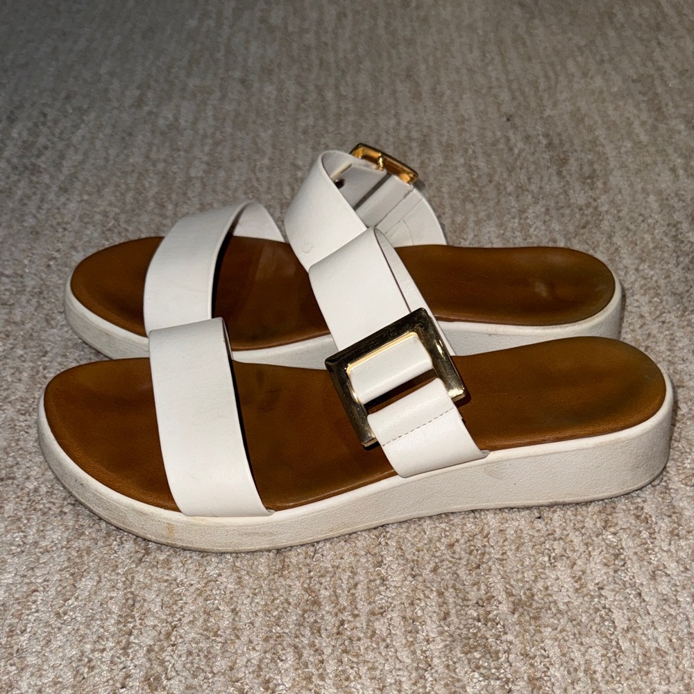 Women's White Slide Sandals with Gold Buckle